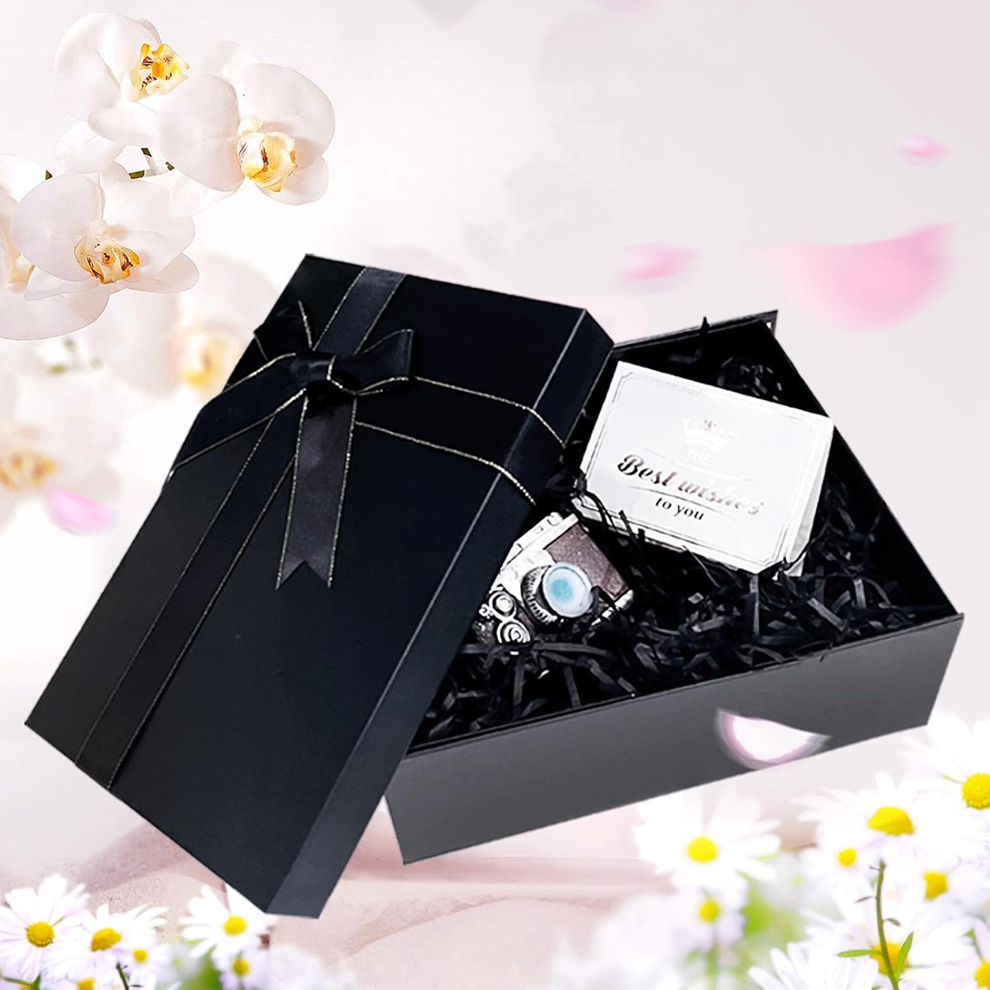 Black Gift Box, Medium Gift Box with Lids & Silk Ribbon, 22X16X8.5 Cm Presents Gift Boxes for Men Women Specially Designed for Valentines Day, Birthdays, Holidays, Anniversaries