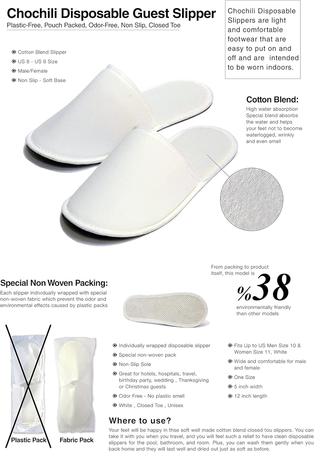 5 Pairs Fabric Packed Disposable Hotel Slippers for Airbnb Spa Salon Party Wedding Guests - Fits up to Adult US Men Size 10 & Women Size 11, White