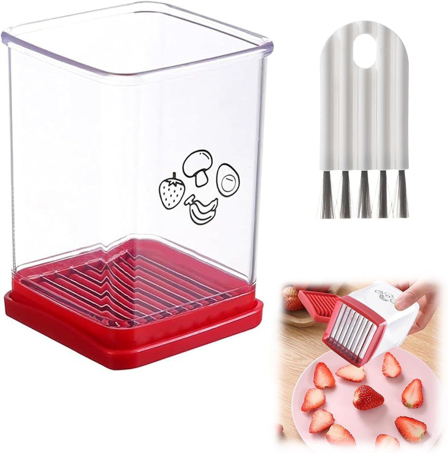 Fruit Slicer, Fruit Cutter, Cup Slicer Fruit and Vegetable Speed Slicer with Bottom Push Plate Portable Slicing Tool with Cleaning Brush for Strawberry/Banana/Vegetable Kitchen Gadgets