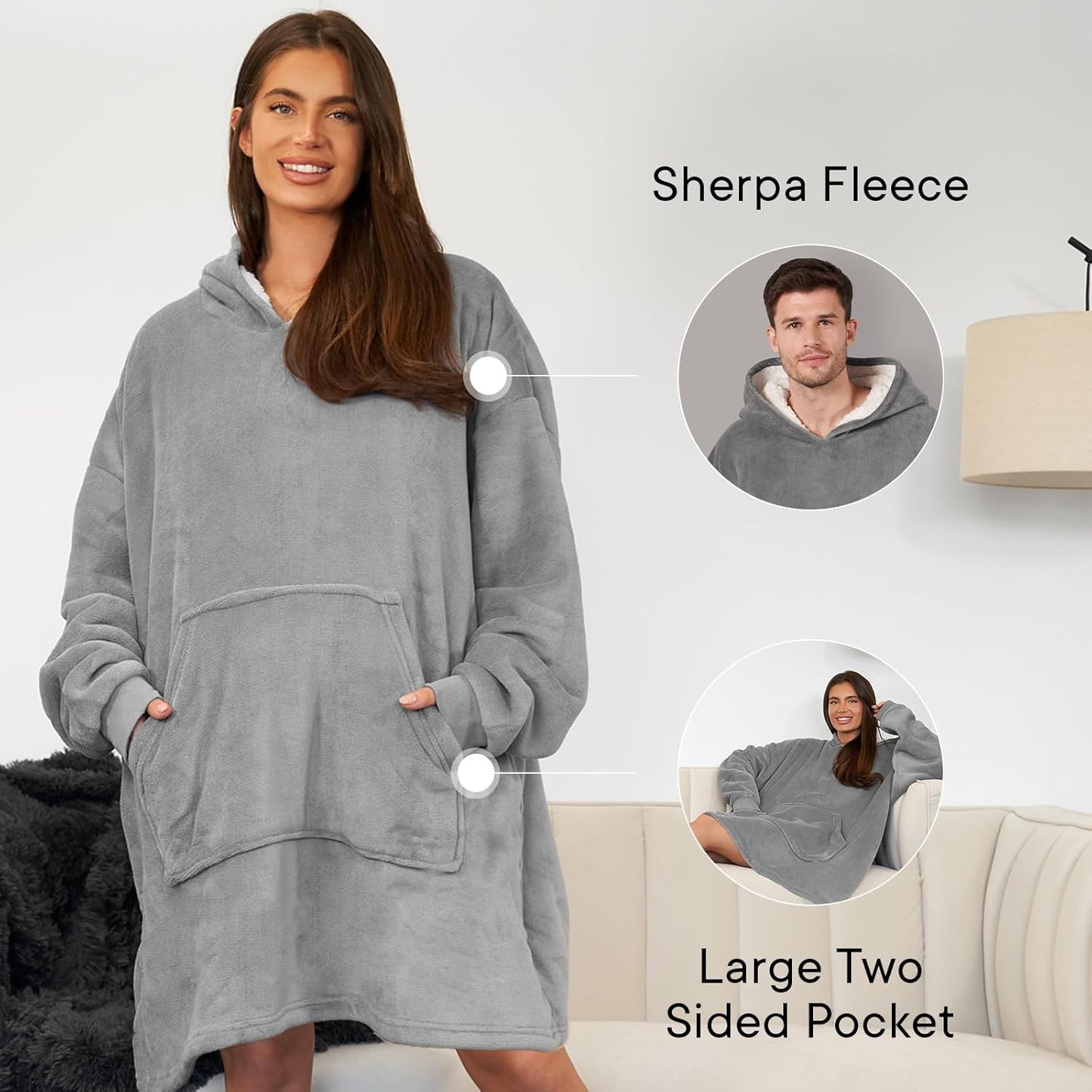 Hoodie Blanket Ultra Soft Sherpa Fleece Warm Comfy Cosy Oversized Wearable Giant Sweatshirt Throw for Women Girls Adults Men Boys Kids Big Pocket - Valentines Gifts One Size