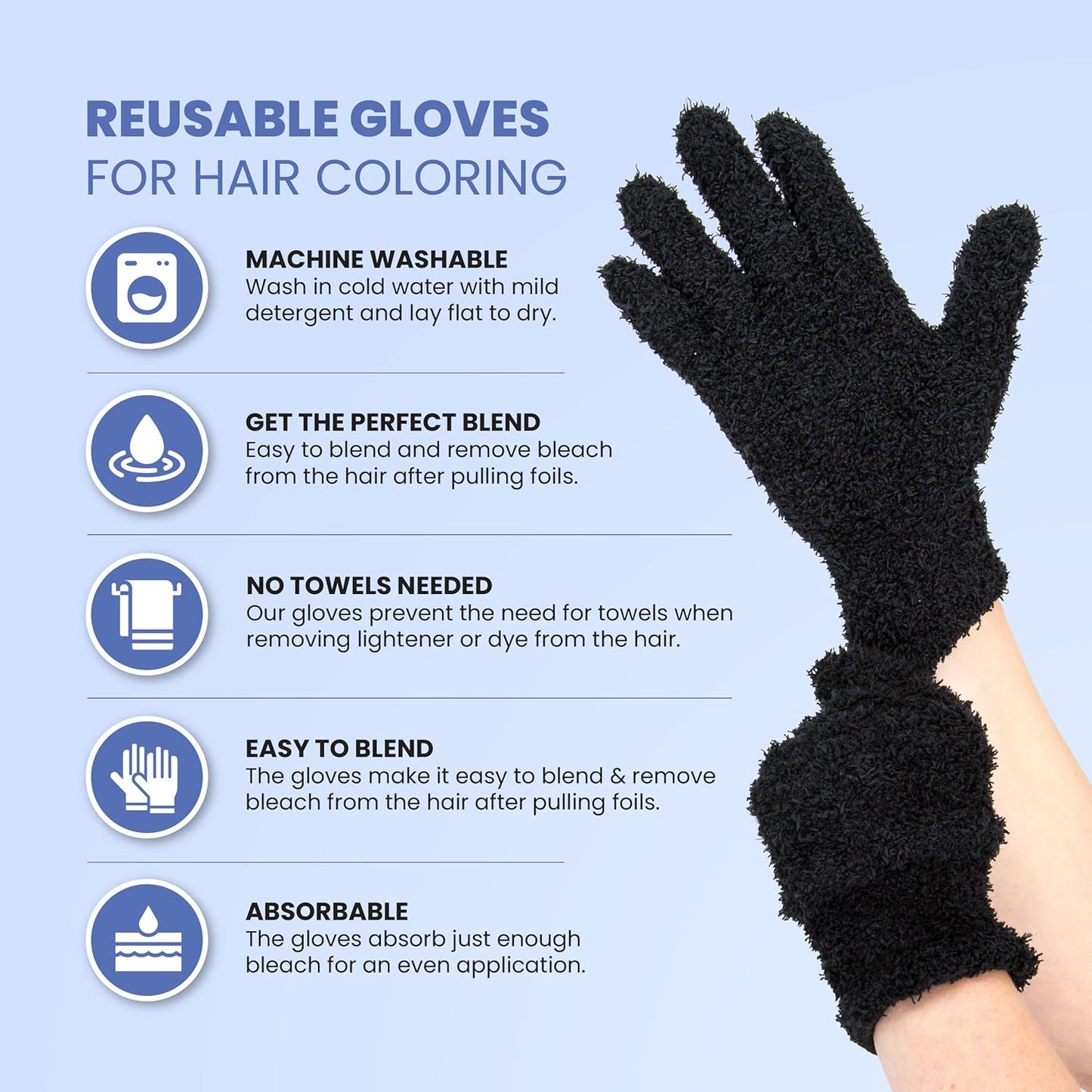 Microfiber Gloves - Black - Set of 2 - Reusable Gloves for Hair Coloring - Hair Dye Gloves - Color Melting Gloves - Bleach Blender Gloves